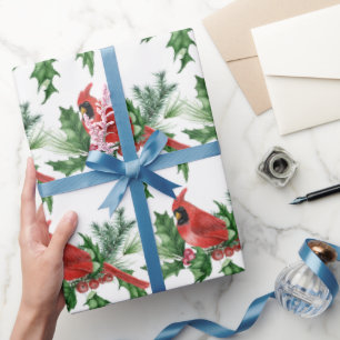 Christmas Red Cardinal Birds Pine Cones Brunch Wrapping Paper