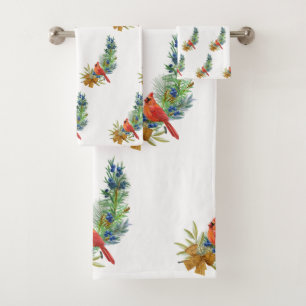Christmas Red Cardinal Blue Berries Watercolor Bath Towel Set