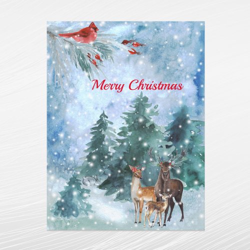 Christmas Red Cardinal Deer Landscape Watercolor Holiday Postcard