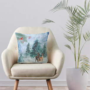 Christmas Red Cardinal Deer Trees Watercolor Throw Pillow