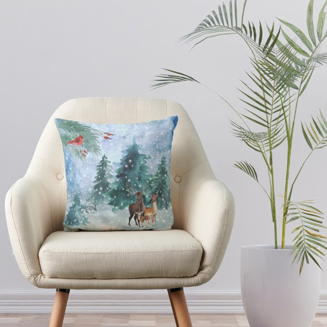 Christmas Red Cardinal Deer Trees Watercolor Throw Pillow (Creator Uploaded)