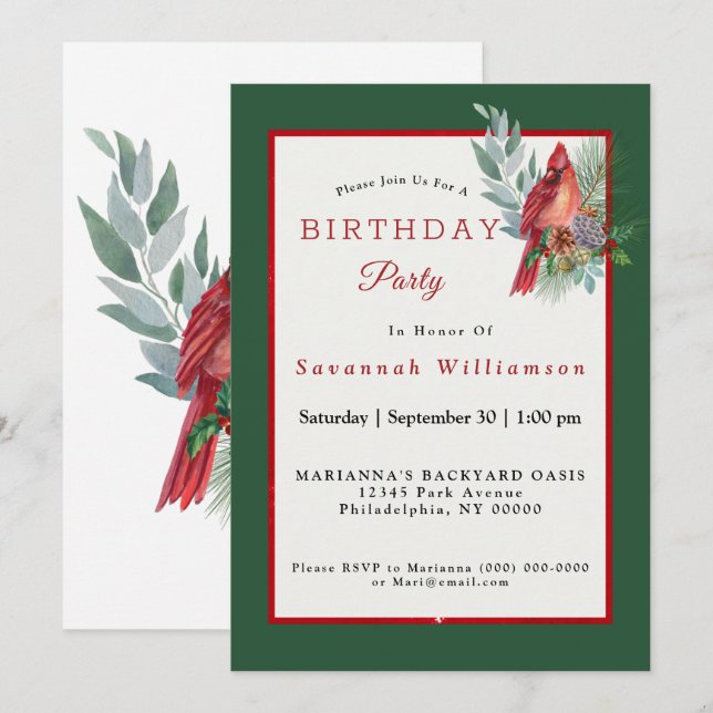 Christmas Red Cardinal Greenery Birthday Invitation (Front/Back)