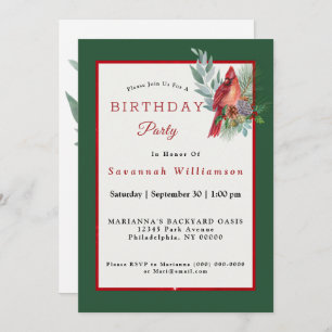 Christmas Red Cardinal Greenery Birthday Invitation