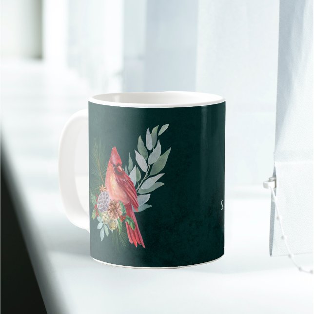 Christmas Red Cardinal Greenery Customizable Name Coffee Mug (Creator Uploaded)