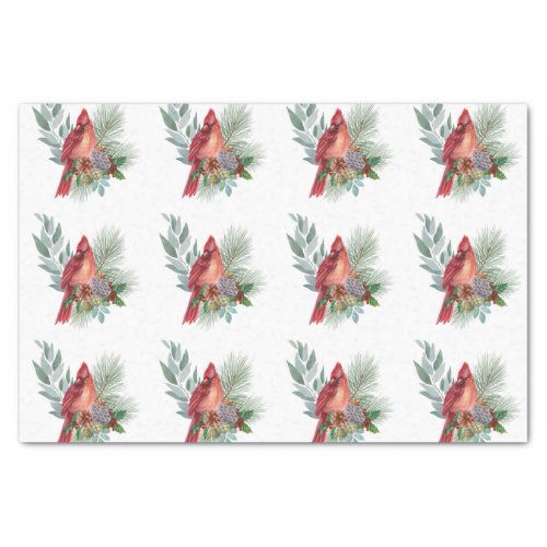 Christmas Red Cardinal Greenery Watercolor Tissue Paper
