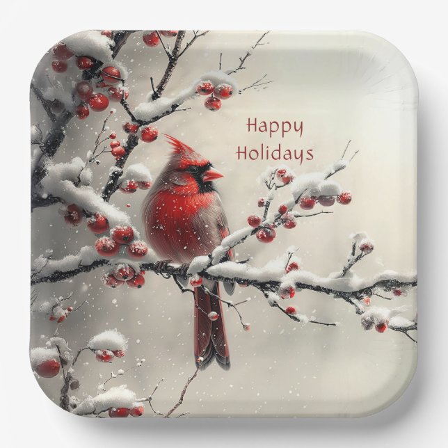 Christmas Red Cardinal Holiday Paper Plate (Front)