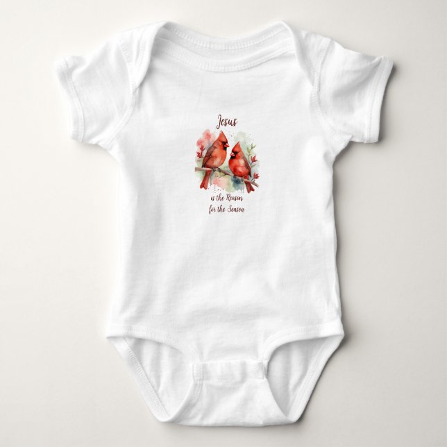 Christmas Red Cardinal Jesus Reason for Season Baby Bodysuit (Front)