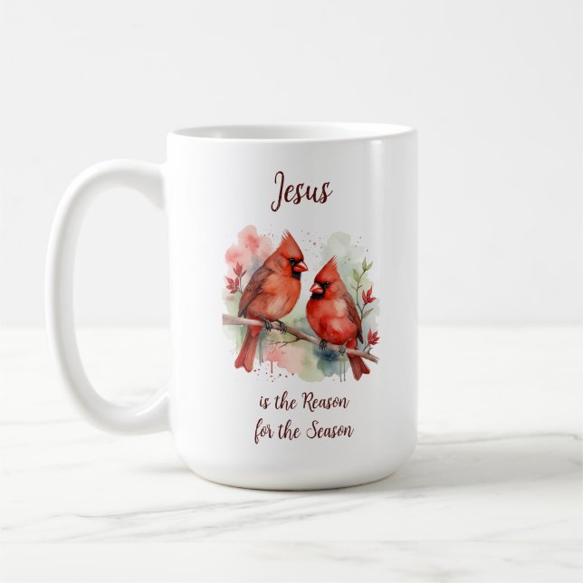 Christmas Red Cardinal Jesus Reason for Season Coffee Mug (Left)