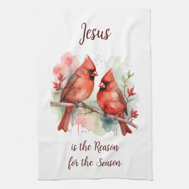 Christmas Red Cardinal Jesus Reason for Season Kitchen Towel (Vertical)
