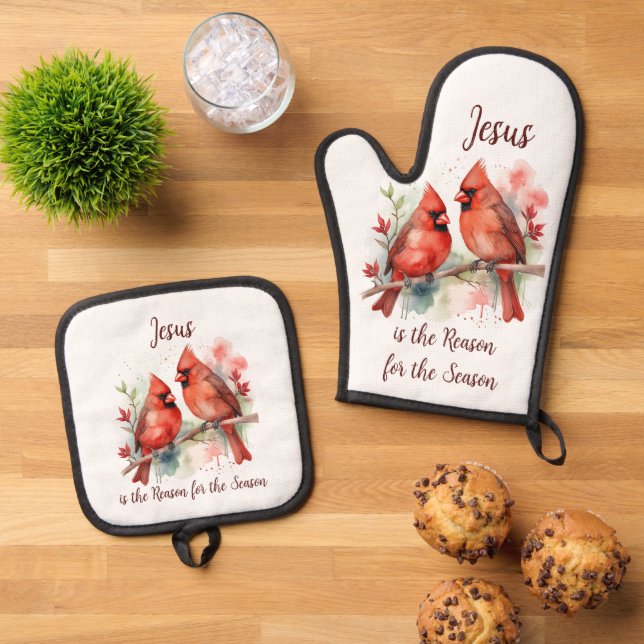 Christmas Red Cardinal Jesus Reason for Season Oven Mitt & Pot Holder Set (Top Down)