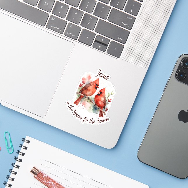 Christmas Red Cardinal Jesus Reason for Season Sticker (Laptop w/ iPhone)