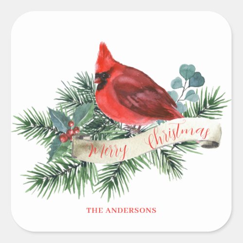 Christmas Red Cardinal Name  Square Sticker