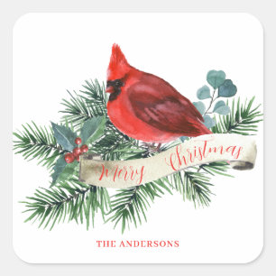 Christmas Red Cardinal Name Square Sticker