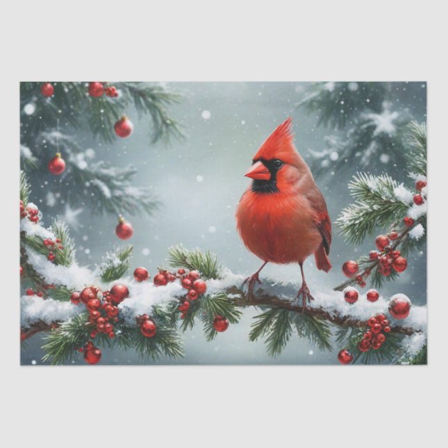 Christmas Red Cardinal on a Snowy Branch Tissue Paper (Front)