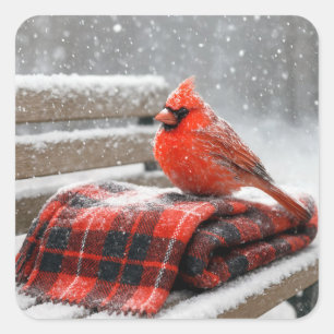 Christmas Red Cardinal on a Snowy Plaid Blanket Square Sticker