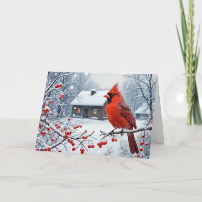 Christmas Red Cardinal On Berry Branch Card (Front)
