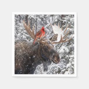Christmas Red Cardinal On Snowy Moose Antlers Napkins
