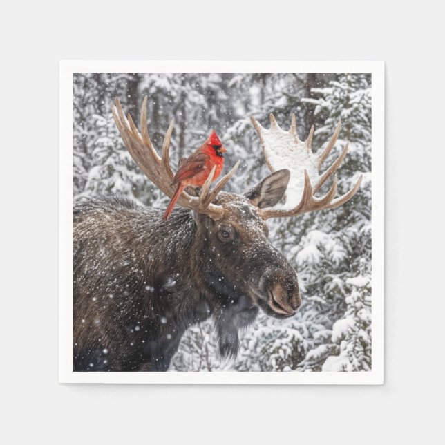 Christmas Red Cardinal On Snowy Moose Antlers Napkins (Front)