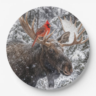 Christmas Red Cardinal On Snowy Moose Antlers Paper Plates