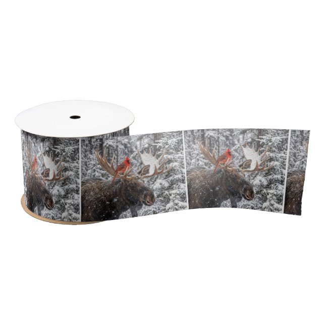 Christmas Red Cardinal On Snowy Moose Antlers Satin Ribbon (Spool)