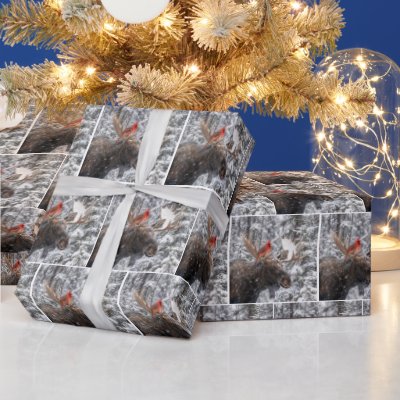 Christmas Red Cardinal On Snowy Moose Antlers Wrapping Paper
