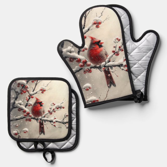 Christmas Red Cardinal Oven Mitt & Pot Holder Set (Front/Back)