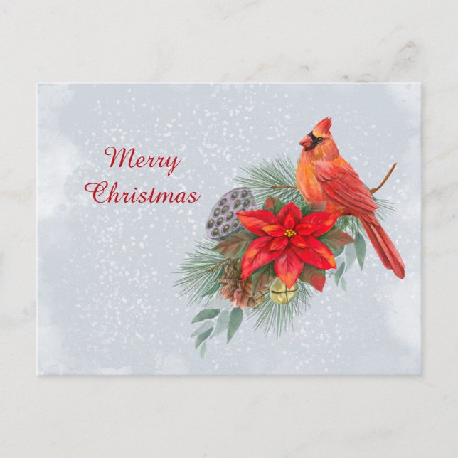 Christmas Red Cardinal Poinsettia Business Holiday Postcard (Front)