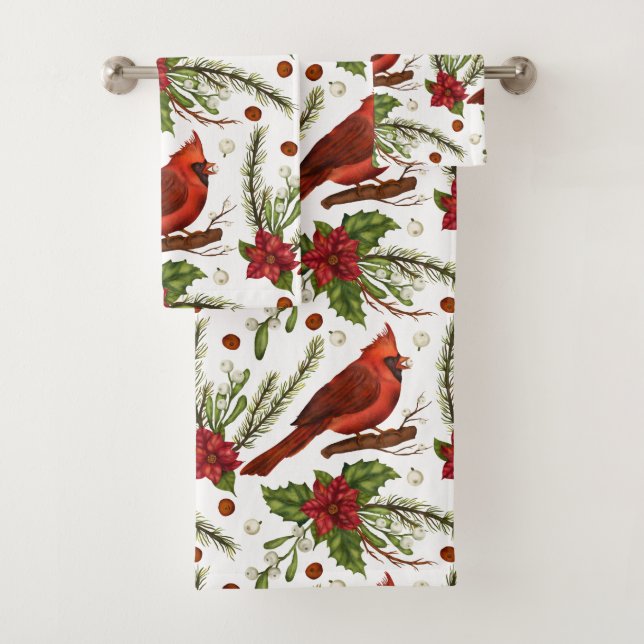 Christmas Red Cardinal Poinsettia Pine Watercolor Bath Towel Set (Insitu)