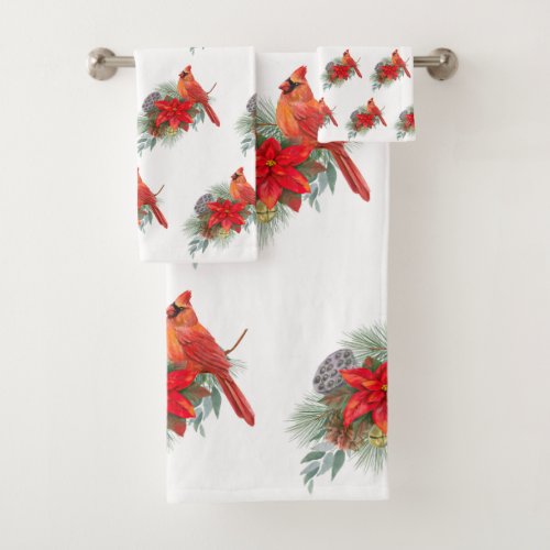 Christmas Red Cardinal Poinsettia Watercolor Bath Towel Set