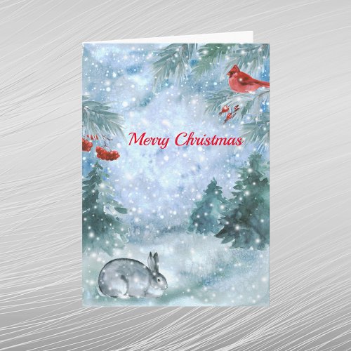 Christmas Red Cardinal Rabbit Landscape Watercolor Holiday Card