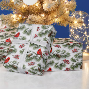 Christmas Red Cardinal Snowy Evergreen Wrapping Paper