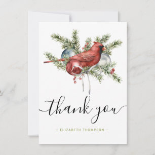 Christmas Red Cardinal Watercolor Custom Name Thank You Card