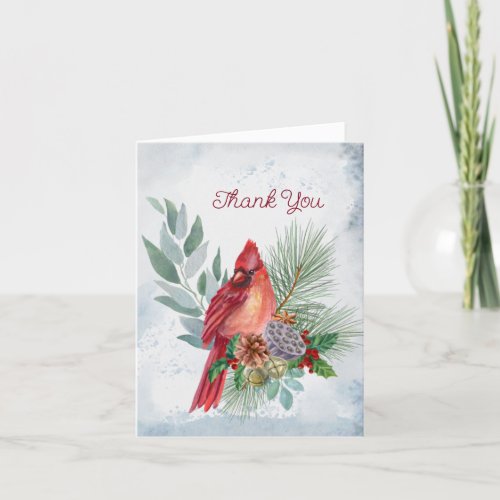 Christmas Red Cardinal Watercolor Floral Thank You Card