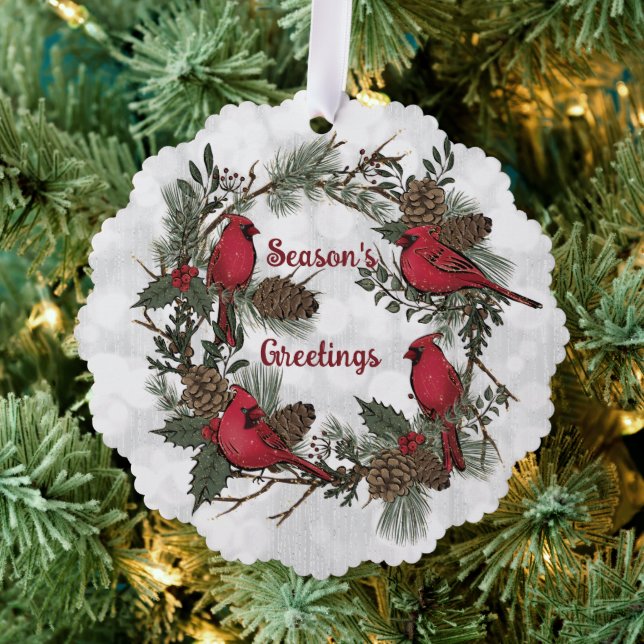 Christmas Red Cardinal Wreath Pine Boughs Ornament Card (Insitu (Tree))