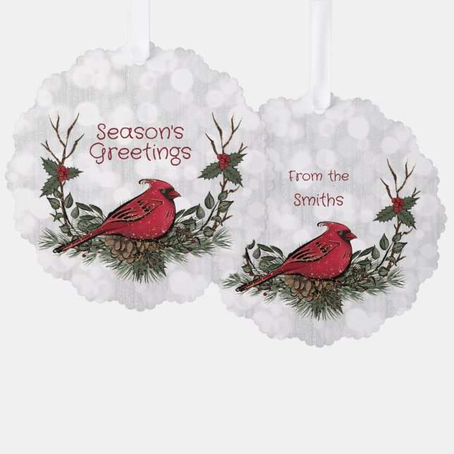 Christmas Red Cardinal Wreath Pine Boughs Ornament Card (Front/Back)