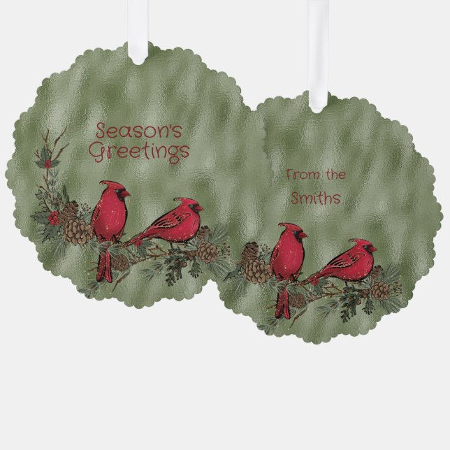 Christmas Red Cardinal Wreath Pine Boughs Ornament Card (Front/Back)