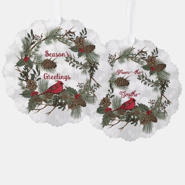 Christmas Red Cardinal Wreath Pine Boughs Ornament Card (Front/Back)