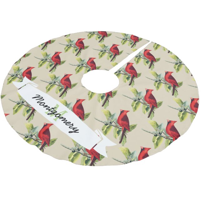 Christmas Red Cardinals & Family Name Brushed Polyester Tree Skirt (Angled)