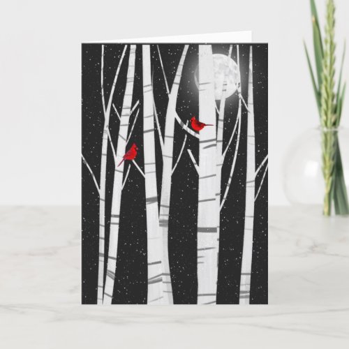 Christmas red cardinals in birch trees holiday card