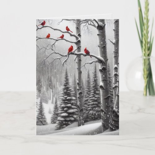 Christmas Red Cardinals In Winter Forest Holiday Card
