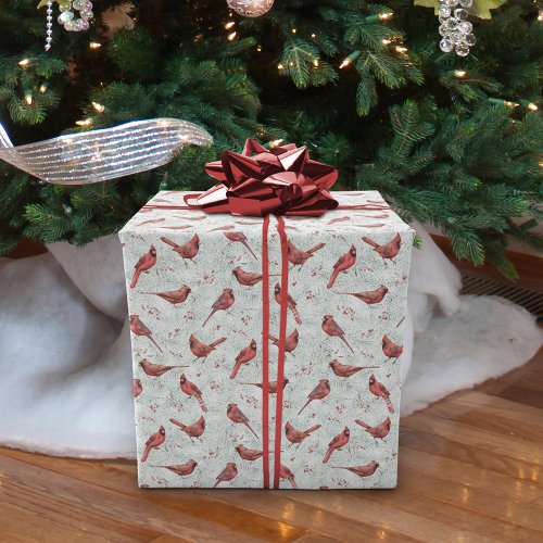 Christmas Red Cardinals White Snowy Pine Wrapping Paper