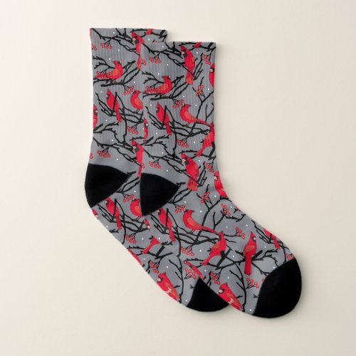 Christmas Red Cardinals Winter Woodland Patterned Socks