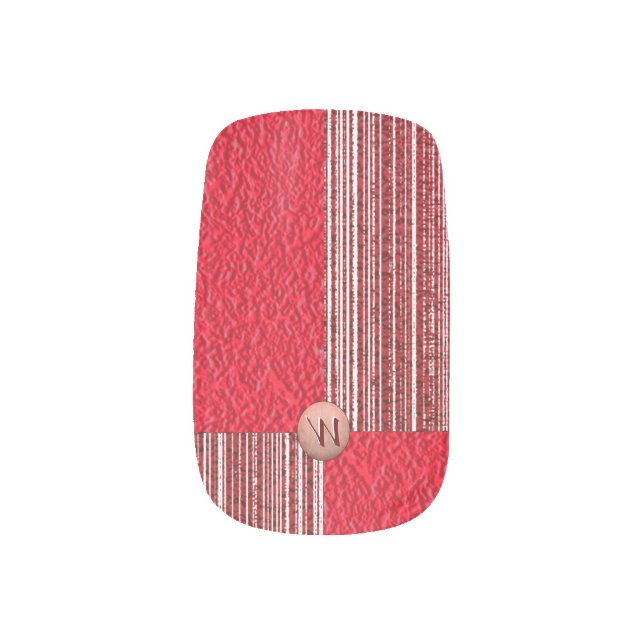 Christmas Red Checks and Stripes Monogram Pattern Minx Nail Art (Left Thumb)
