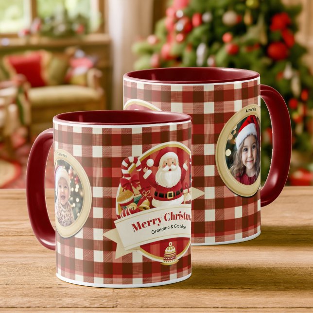 Christmas Red Checks Santa Family Photos Custom Mug (Christmas Red Checks Santa Family Photos Custom Mug)