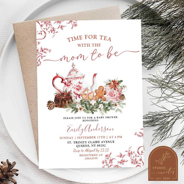 Christmas Red Chinoiserie Tea Party Baby Shower Invitation (Creator Uploaded)