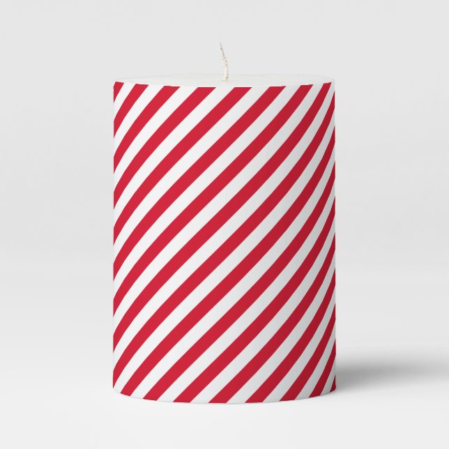 Christmas Red Color White Stripes Xmas Holiday Pillar Candle (Front)