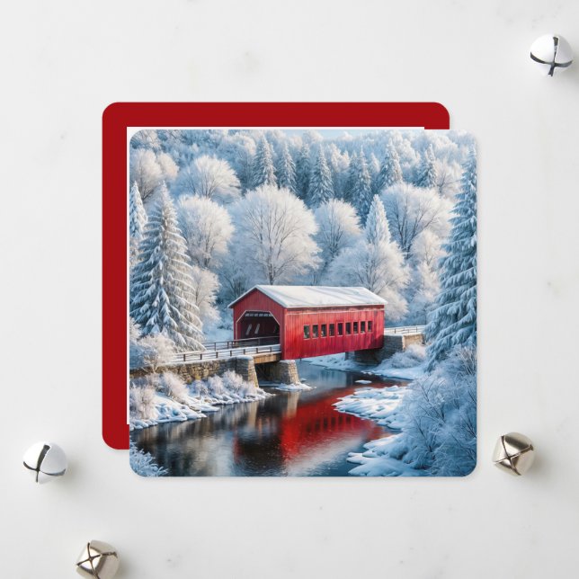 Christmas Red Covered Bridge In Winter Forest Holiday Card (Front/Back In Situ)