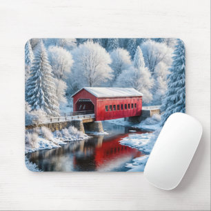 Christmas Red Covered Bridge In Winter Forest Mouse Pad