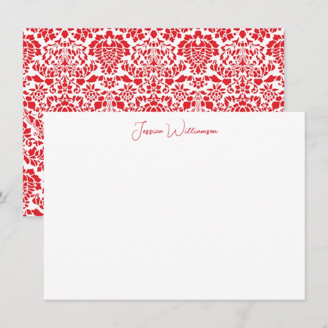 Christmas Red Damask Personalized Name Stationery Note Card (Front/Back)