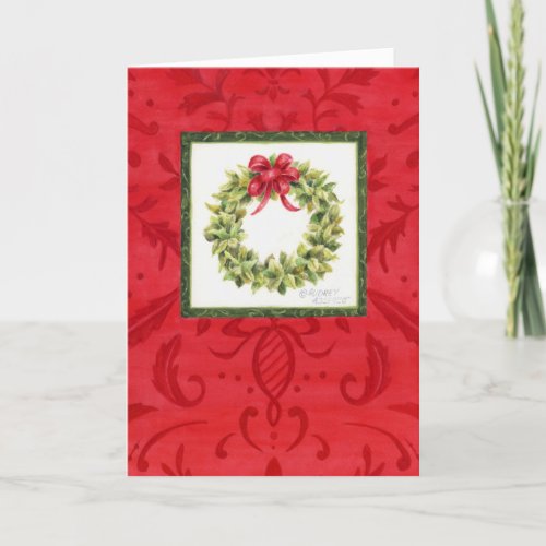 Christmas Red Damask Wreath Joyous Holiday Season Card